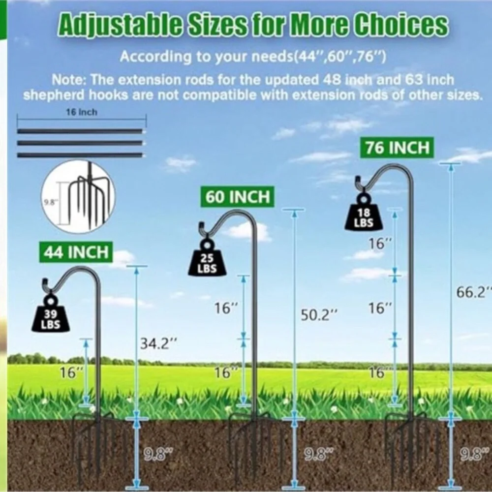 76'' Bird Feeder Pole, Heavy Duty Shepherds Hooks for Outdoor with 7-Prong Base